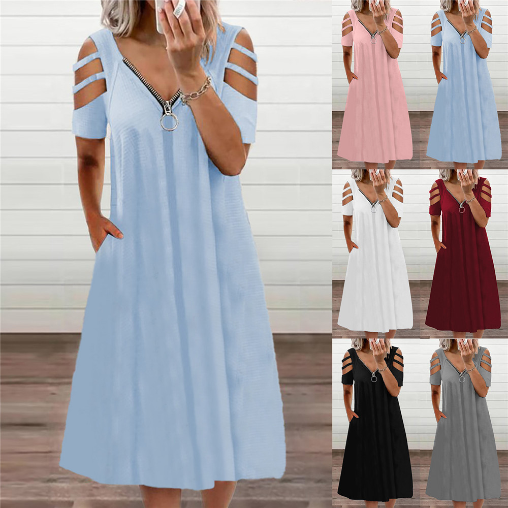 2023 Summer Cross-border European and American Women's wish Independent Station Hot V-neck Sexy Solid Color Zipper Short-sleeved Dress