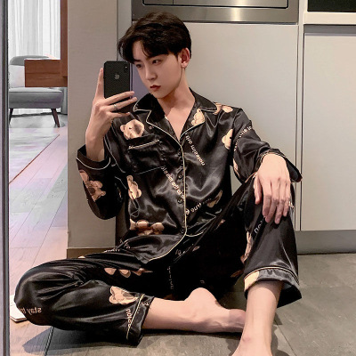 New Arrival Pajamas Men's Ice Silk Long Sleeve Cardigan Lapel Emulation Silk Plus Large Size Home Suit Outfit