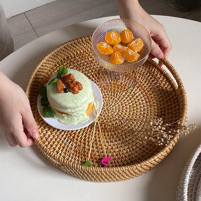 Handmade Rattan Basket Woven Light Luxury Storage Fruit Basket Candy Snack Coffee Bread Snack Plate Tray Storage Basket