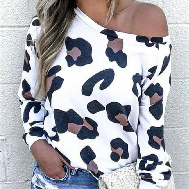 Europe and the United States cross-border new women's clothing Amazon hot explosion leopard print round neck diagonal shoulder raglan sleeve women's top