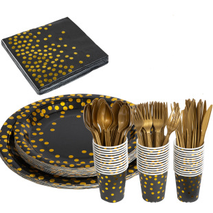 Amazon disposable tableware 175PCs black gold paper plate paper cup set bronzing tableware can be customized assembly