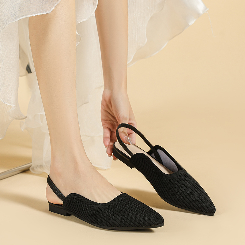 Princess Knitted Pointed Toe Daily Casual Baotou Back Hollow Sandals Back Mix with Soft Bottom Breathable Hollow Flat Shoes for Women