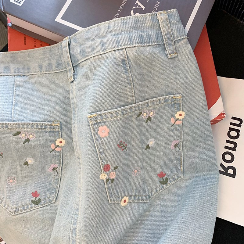Japanese Style Floral Embroidered Denim Skirt Women's Summer 2022 New Style Retro High Waist Slimming Sheath A- Line Skirt