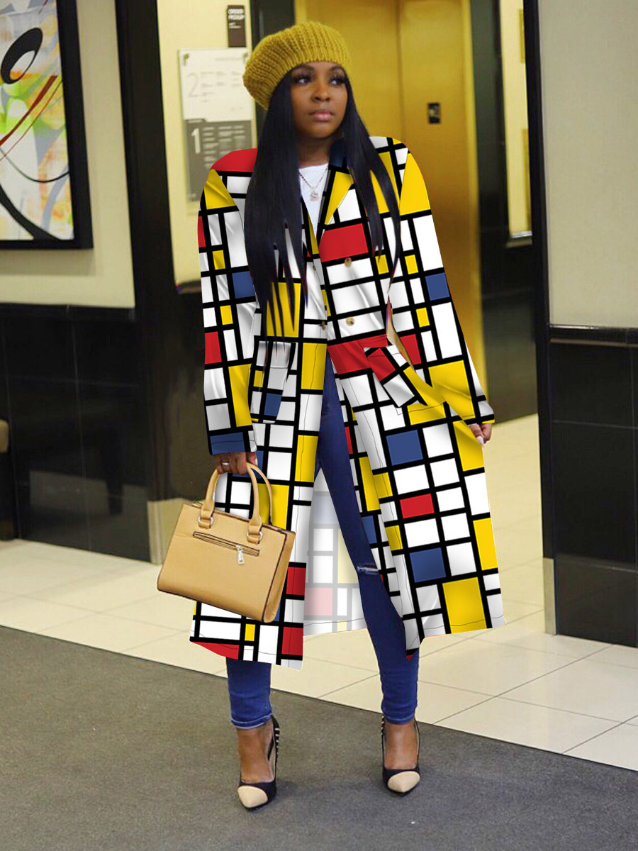 Autumn and winter New trench coat cross-border European and American plus size plaid printed double-breasted lapel coat coat women's coat_voghion.com