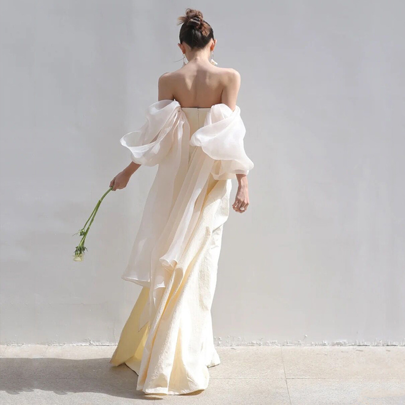 French Strapless Light Wedding Dress 2024 Summer New Mori Satin Welcome Gauze Fishtail Slim Dress Factory Supply