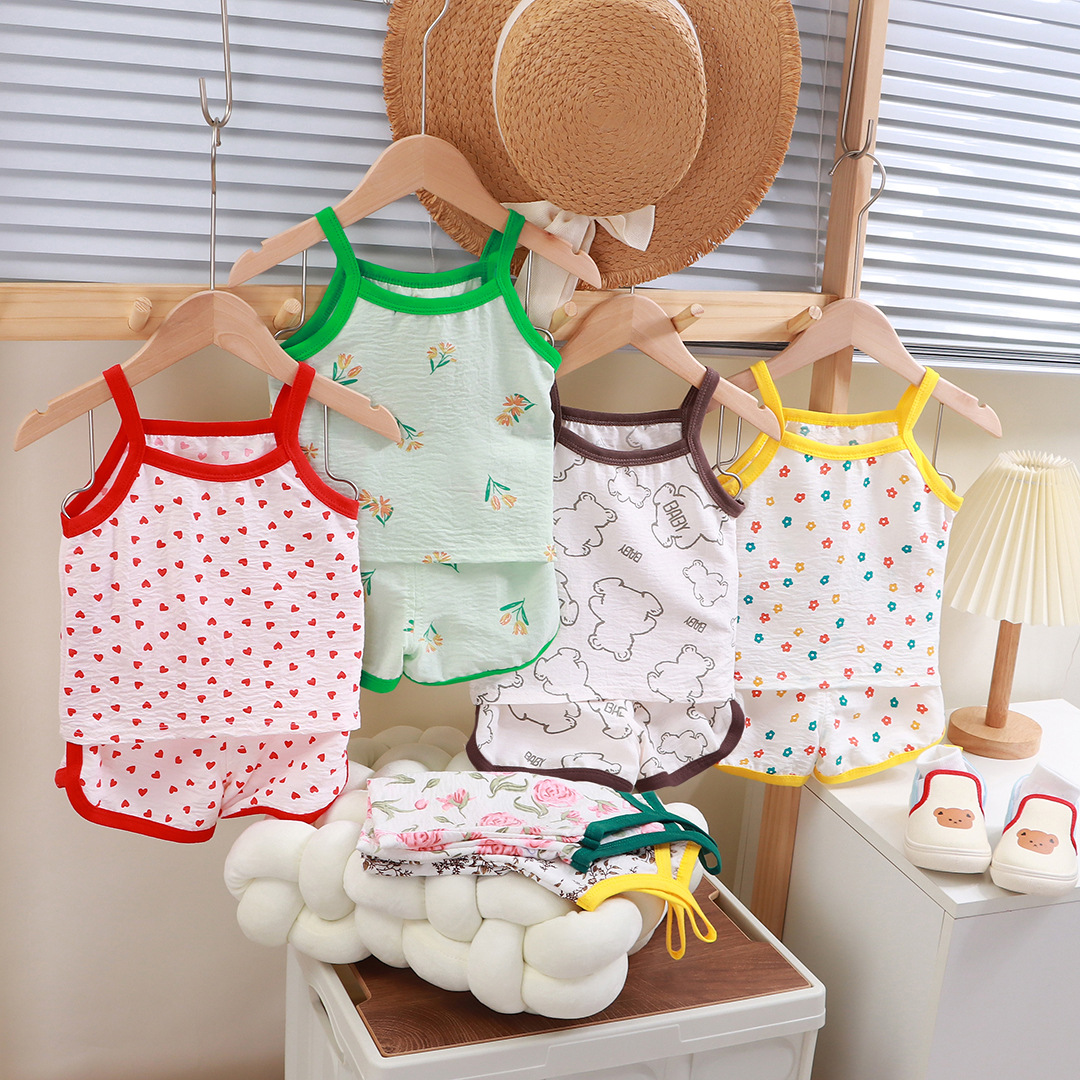 Summer New Children's Strap suit Korean Style Girl's Cloud Cotton Camisole Pajamas Baby's Thin Home Clothes