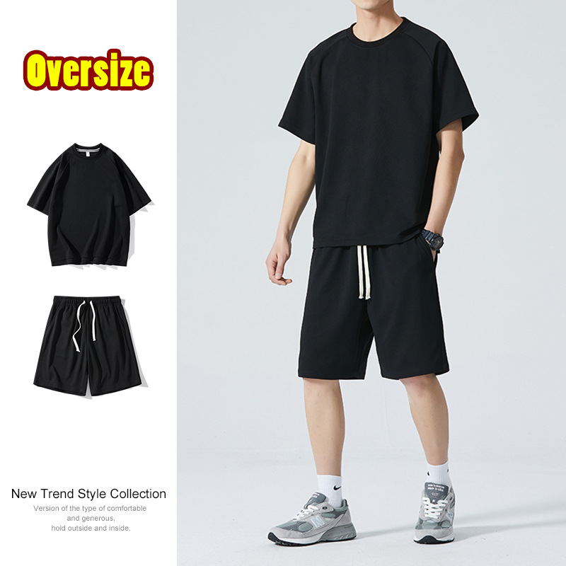 Trendy brand short-sleeved T-shirt men's suit summer Korean style casual knitted sportswear men's shorts two-piece set wholesale