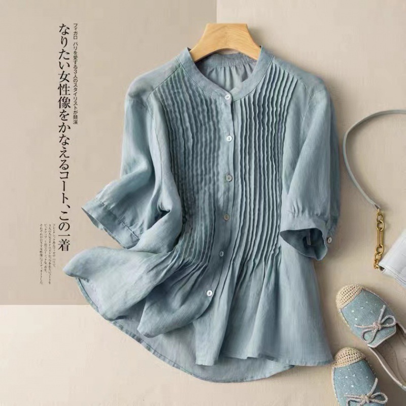 2023 Summer New Arrival Middle-Aged Fashionable Retro Thin Linen Top Women's Thin Cotton and Linen Short-Sleeved Shirt