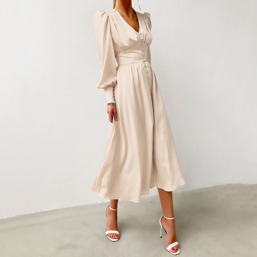 2024 Spring New Satin Dress Women's Design Sense Lantern Sleeve Tight Waist Slimming European and American Elegant Slim-Fit Dress