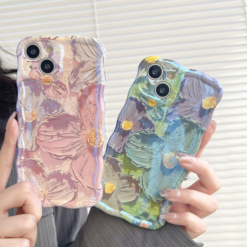 藍光油畫花朵蘋果14promax手機殼波浪iphone13/12Pro女款11軟殼14