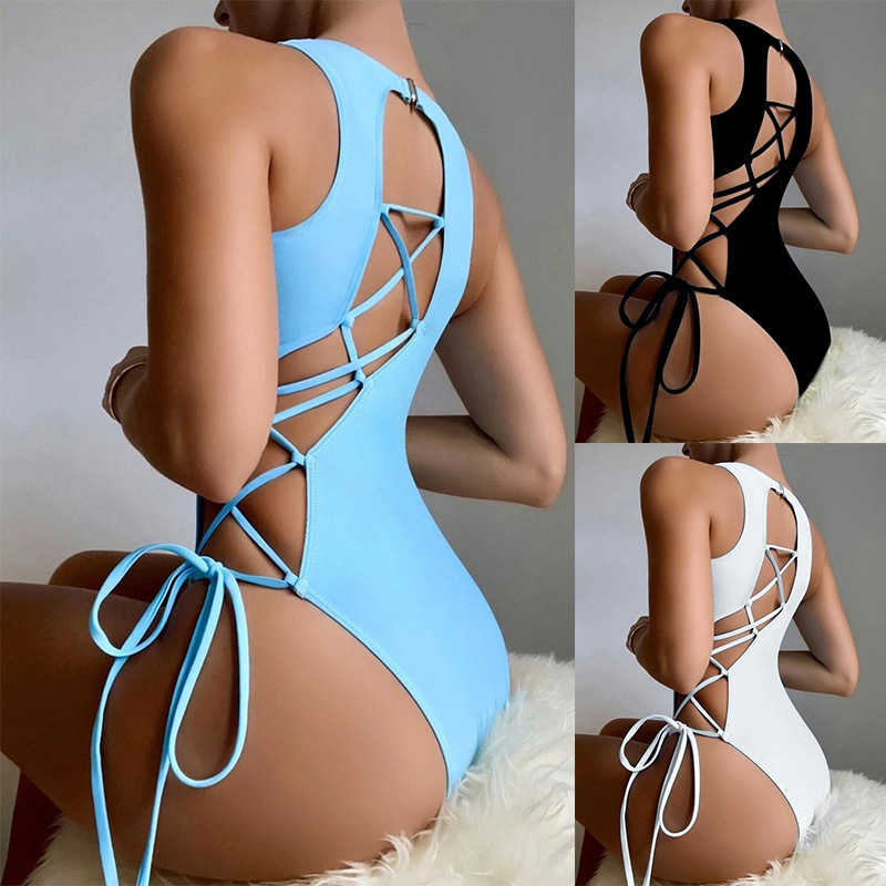 2024 new sexy European and American solid color lace-up swimsuit women's foreign trade triangle belly beach bikini swimsuit wholesale