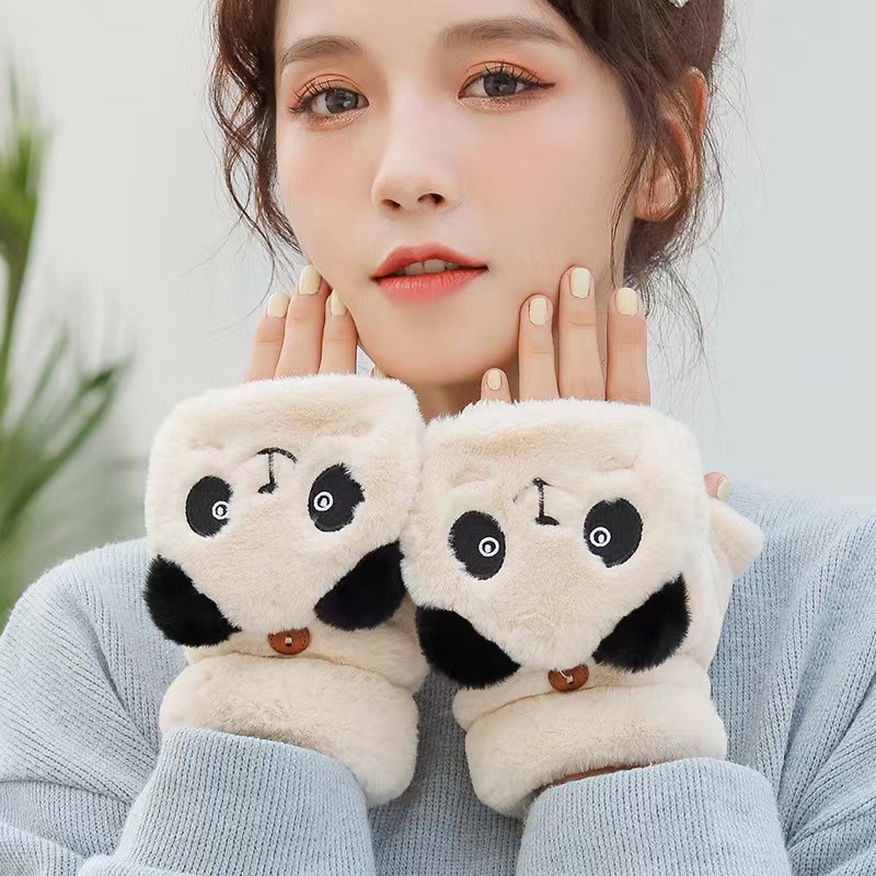 Korean version of winter warm flap plush gloves cute cartoon panda cold finger leakage student gloves manufacturers wholesale