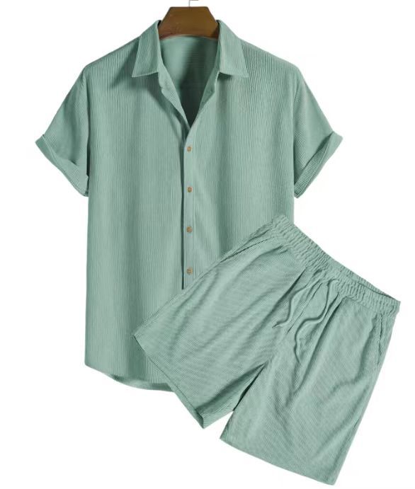 European and American AliExpress Foreign Trade Independent Station Men's Casual Loose Multi-color Beach Wear Corduroy Short-sleeved Set Two-piece Set
