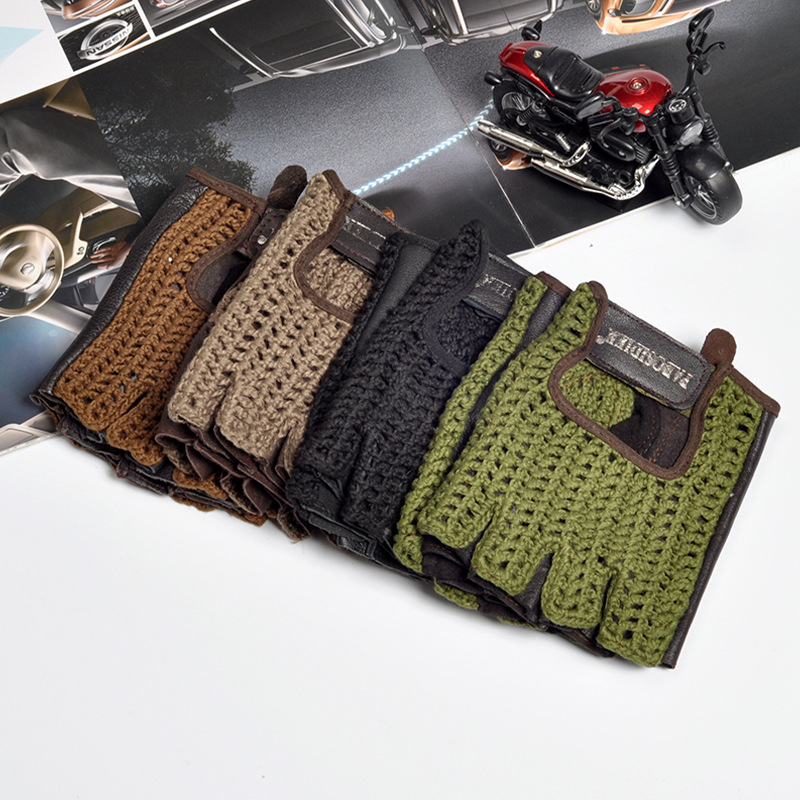 Leather Half-finger Gloves Men's Cowhide Knitted Fitness Driving Motorcycle Riding Sports Non-slip Breathable Half-finger Gloves
