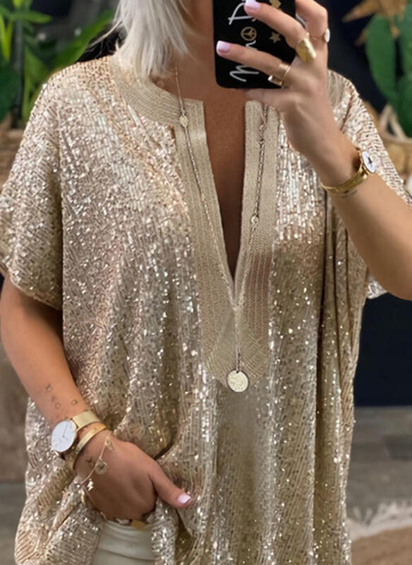 Spot 0312# Amazon Europe and the United States New loose sequins V collar short sleeve casual shirt