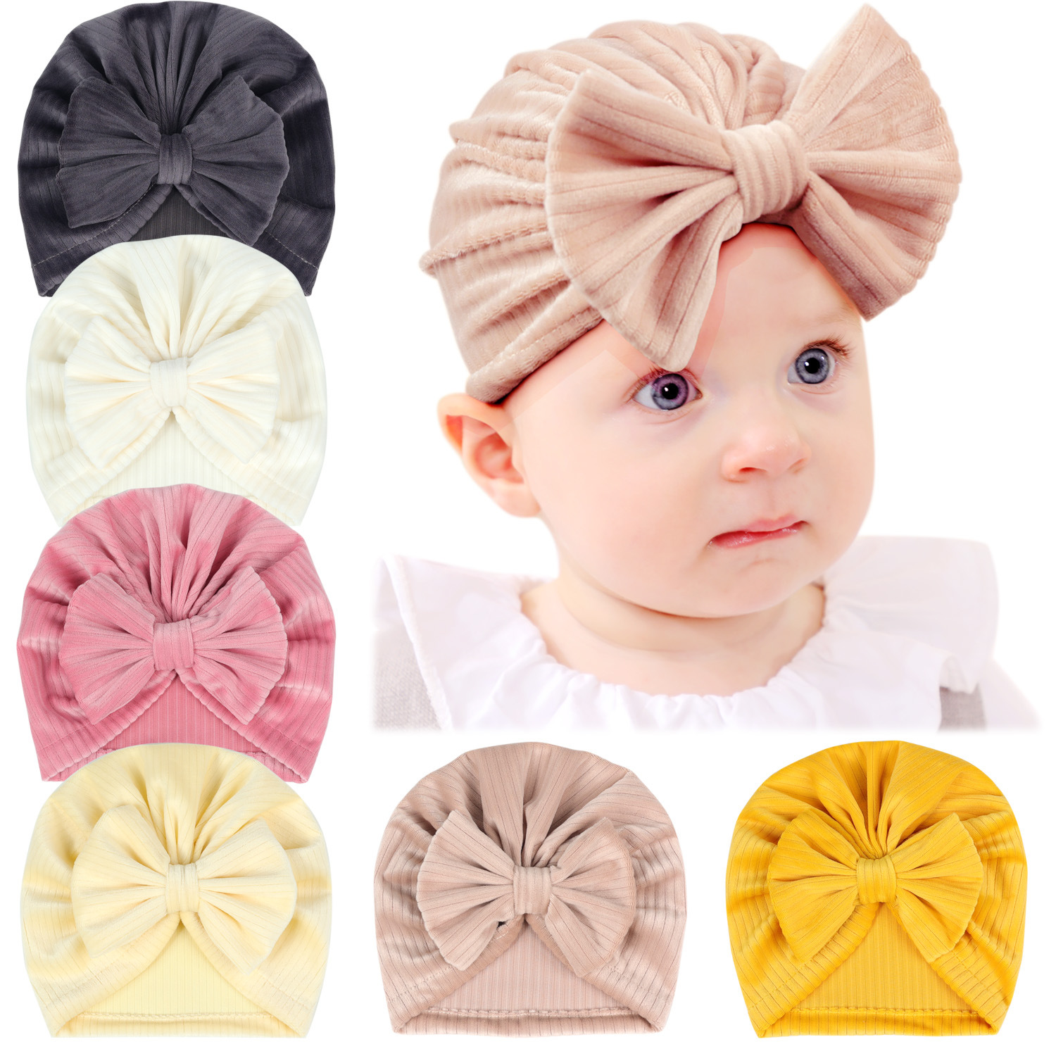 跨境欧美新款婴儿帽子纯色宝宝印度帽新生儿蝴蝶结灯芯绒套头帽