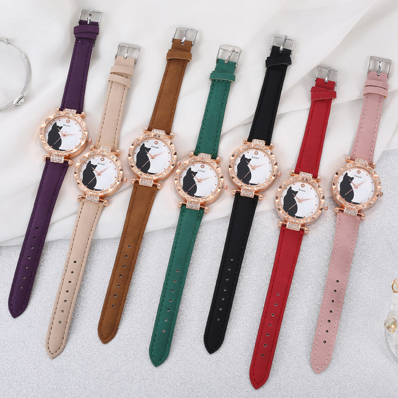 Amadi Brand Foreign Trade Cute Kitten Student Women Fashion Belt Quartz Women's Watch Bracelet Set Watch