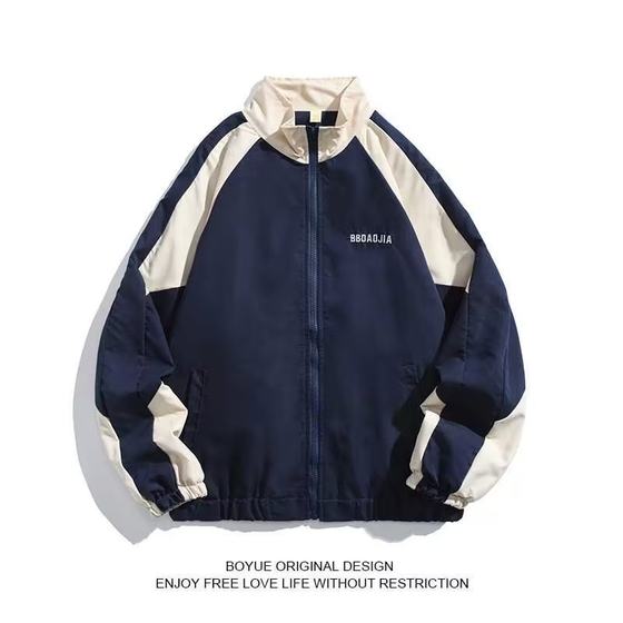Japanese retro contrast color stitching stand collar jacket men's spring and autumn fashion brand loose college style couple casual jacket