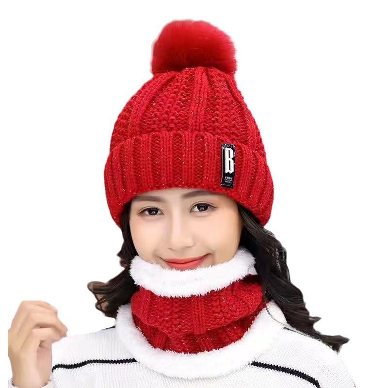 Winter Korean version of wool hat ladies plus velvet padded scarf mother cycling warm cold-proof knitted ear protection tide cap