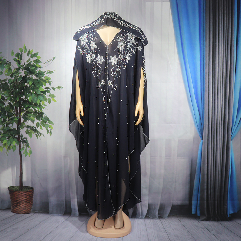 Cross-border Africa Europe and the United States dress robe Pearl chiffon heavy industry hot drilling gun bead source factory spot + inner skirt