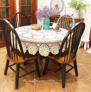 Amazon handmade crochet crochet American Chinese table cloth nostalgic pure cotton woven tablecloth round white beige