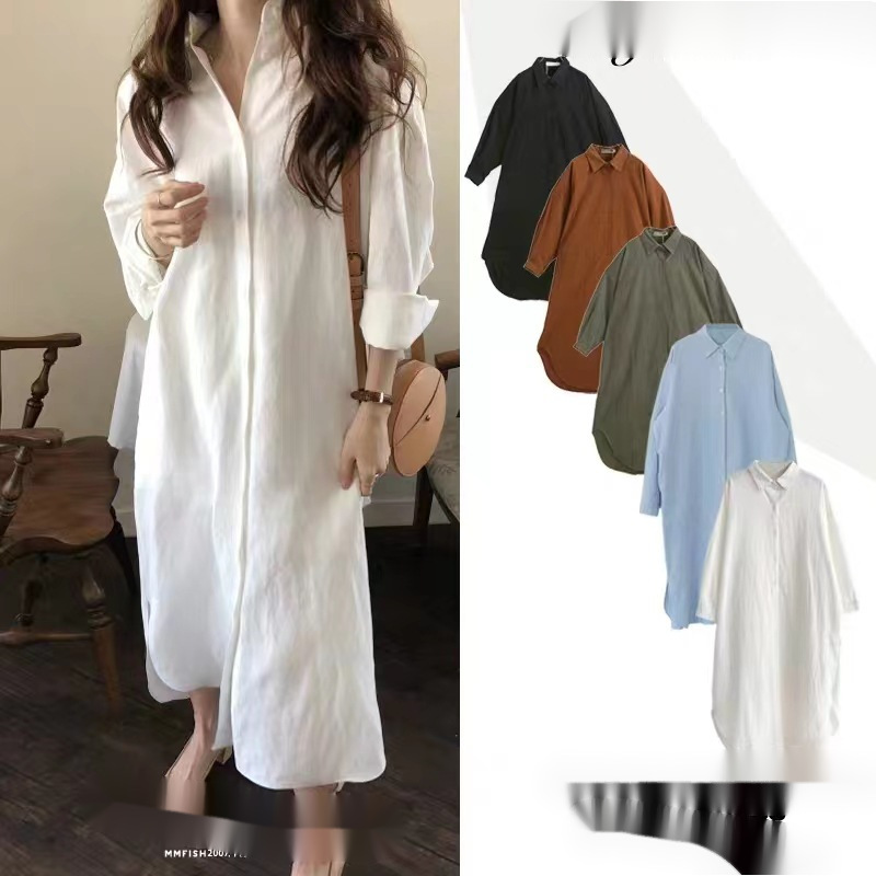 Cross-border South Korea Lazy Style All-match Simple Long Over-the-knee Shirt Solid Color Lapel Cardigan Shirt Sunscreen Air-conditioning Shirt