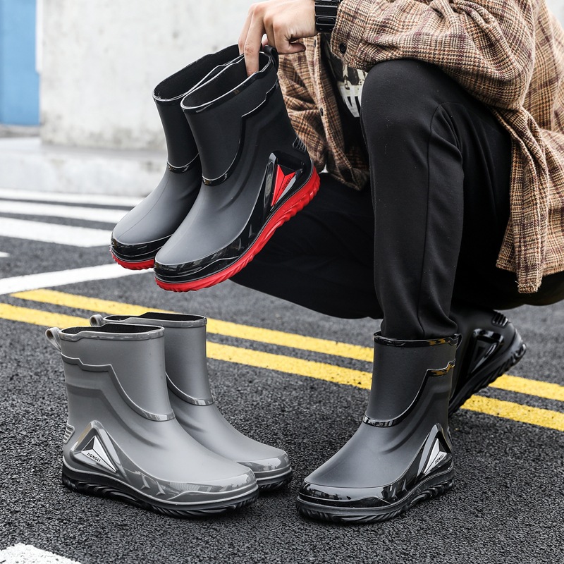 Drawstring fashion rain boots men's new short non-slip mid-calf rain boots short water shoes fleece-lined work outdoor cross-border