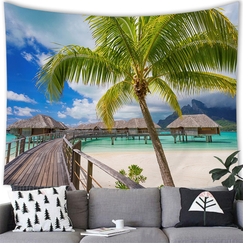 Tropical seaside landscape cross-border supply factory peach skin brushed cloth tapestry wall hanging painting picture G005
