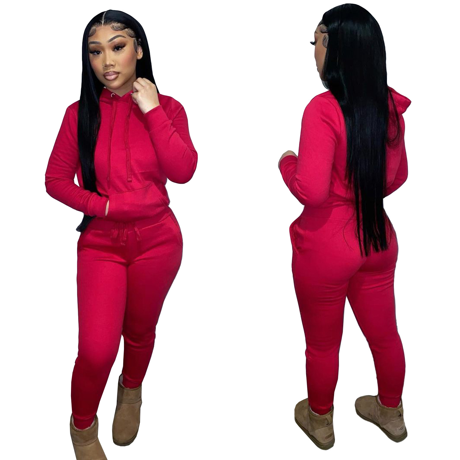 HR8197 European and American women's clothing  independent station supply autumn and winter plus velvet drawstring hooded two-piece set_voghion.com