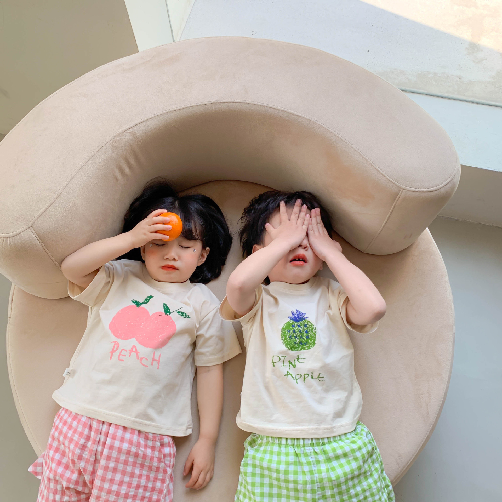 Wheat Field Season 23 Summer New South Korea Children's Suit Children's Fruit Short-sleeved T-shirt Cotton Plaid Shorts Baby suit