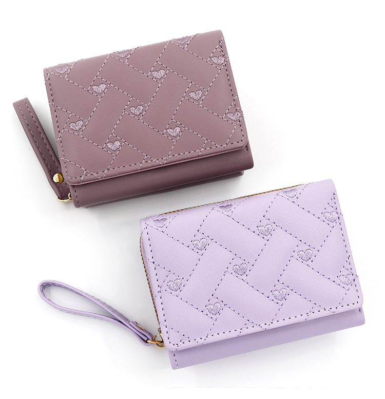 Nouveau portefeuille court pour femme simple brodé amour PU trois volets sac carte sac multi-cartes portefeuille portefeuille en gros_voghion.com