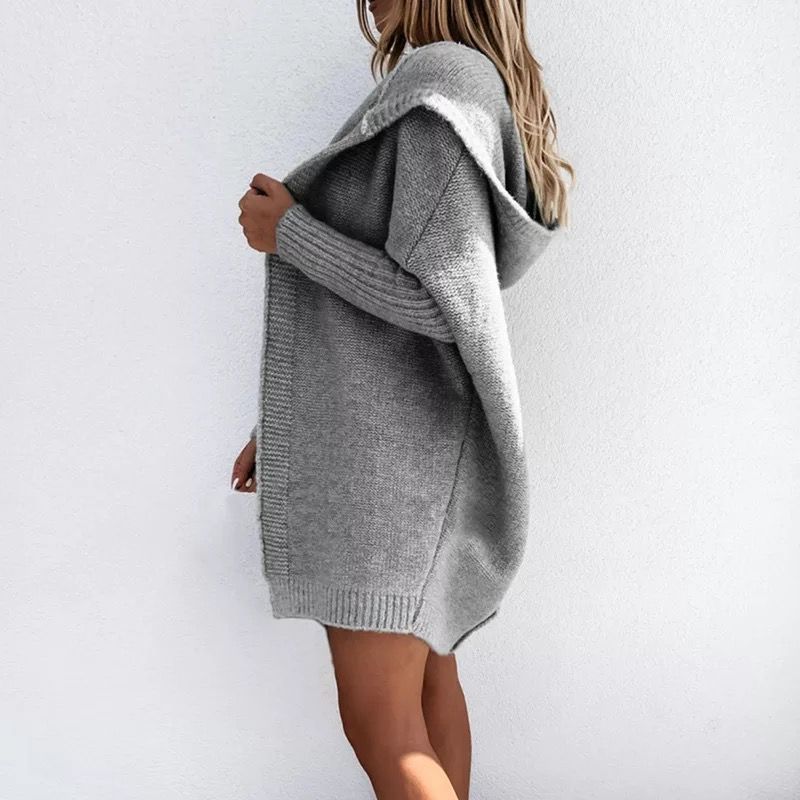 Neuer einfarbiger Freizeitpullover für Damen im Herbst und Winter mit lockerer Strickjacke mit Kapuze, mittellange Jacke_voghion.com