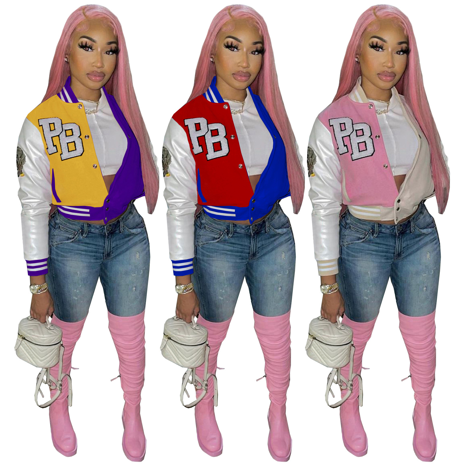 10080 European and American Women's Fashion Casual Women's Color Block Jacket Baseball Jacket Coat
