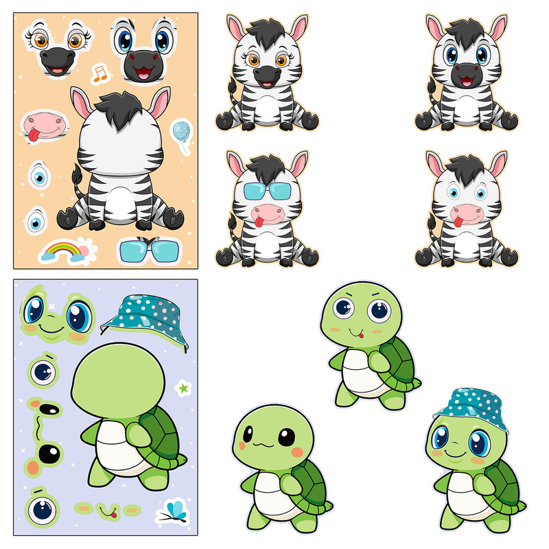 6枚/パック動物フェイスチェンジャーステッカー漫画かわいい動物動物キリンタートルトラDIY着せ替えステッカー|undefined