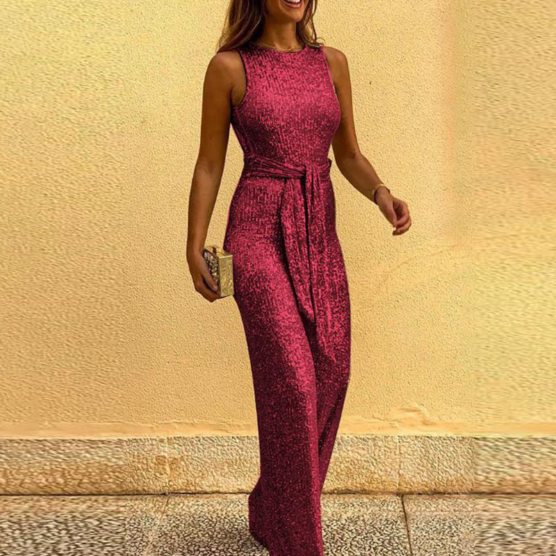 2023 cross-border wish European and American ebay Amazon crew neck sleeveless sequin Silver Point jumpsuit foreign trade women's clothing