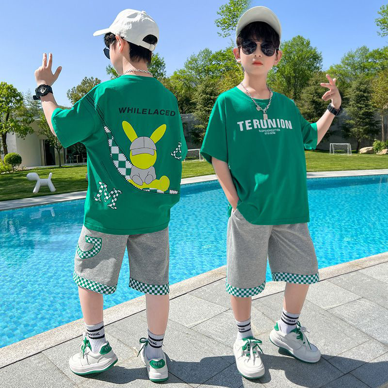 Children's Boys' Suit Summer 2024 New Arrival Big Boy's Summer Korean Style Foreign Handsome Short-Sleeved Fashionable Clothes