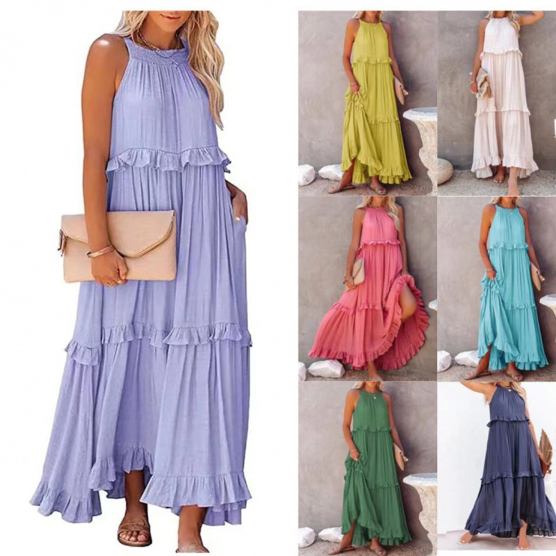 European and American 2023 Summer new holiday style ruffled long dress Amazon large swing elegant dress women