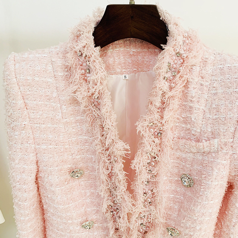 Spot 2024 Autumn and Winter New European and American Star Tweed Diamond Buckle Streamer Edge Heavy Industry Beaded Jacket Coat_voghion.com