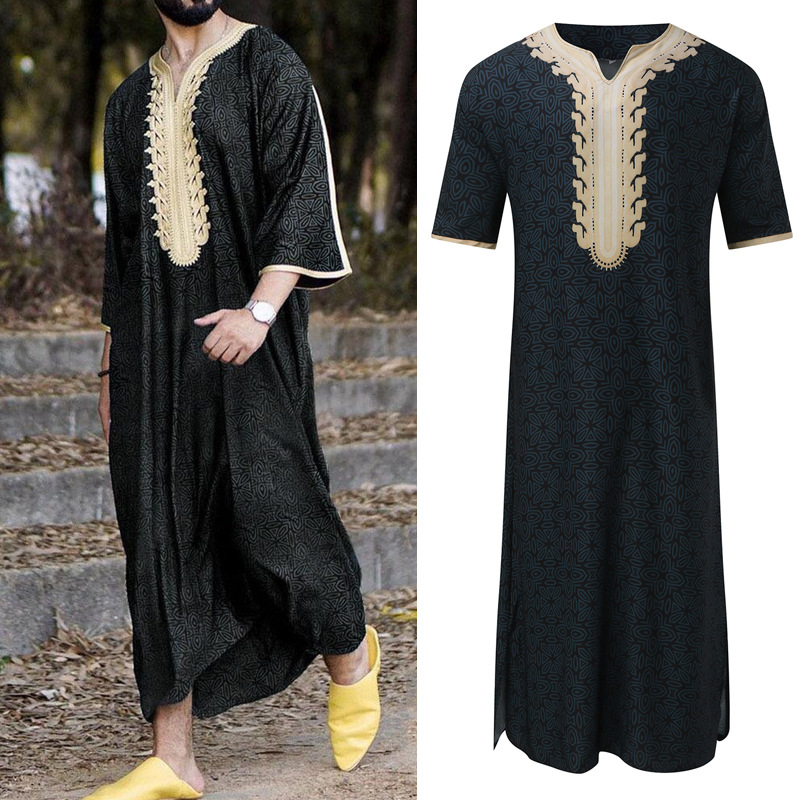 2023 AliExpress New Mid-Sleeve Jumpsuit Arab Ethnic Loose Foreign Trade V-Neck Printed Muslim Robe