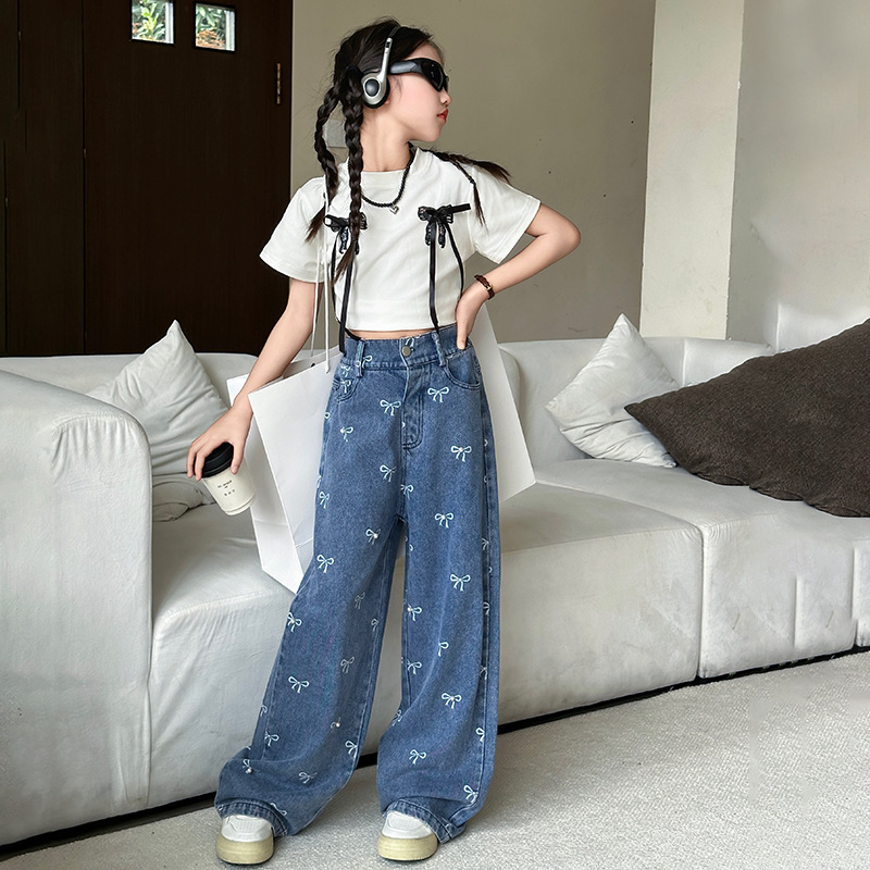 Women's Large Children's Summer Pants 2024 New Arrival Elastoelastic Waist Jeans Bow Printed Wide Leg Pants Fashionable Western Style