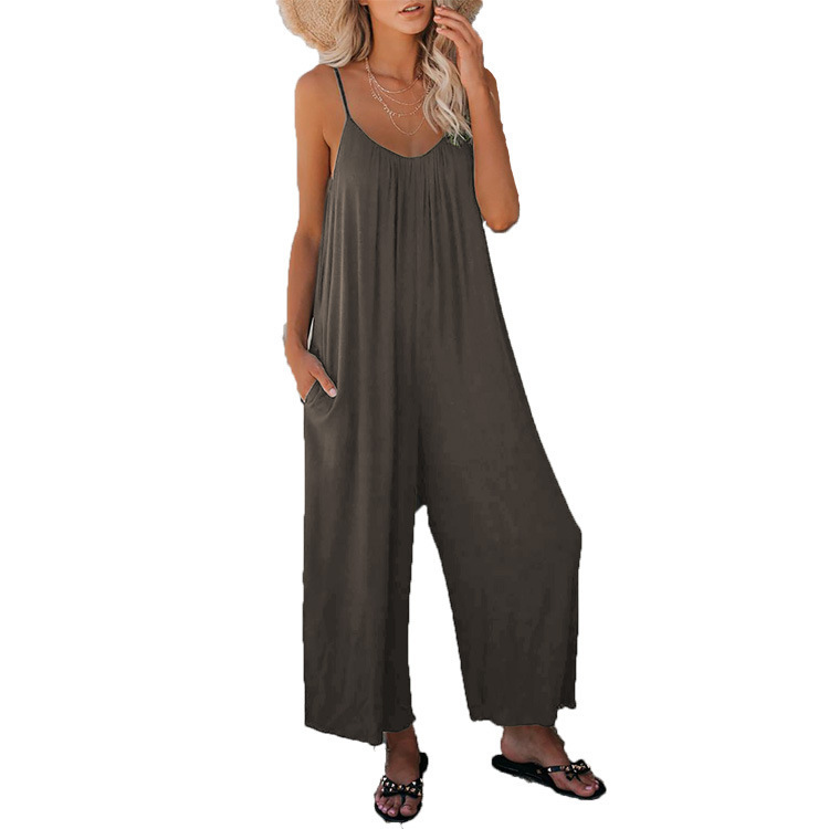 Amazon European and American Strap Jumpsuit Women's 2022 Summer New Cross-border Trade Solid Color Pocket Casual Jumpsuit