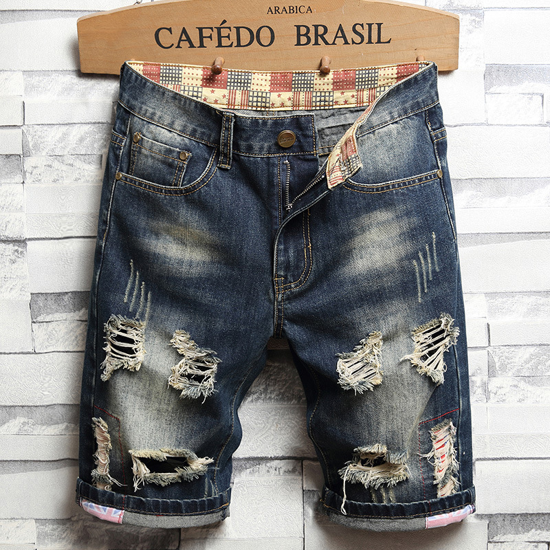 Lined Jeans Men's Ragged Five-point Beggar Pants Four Seasons Trendy Brand Personalized Men's Jeans jeansmen
