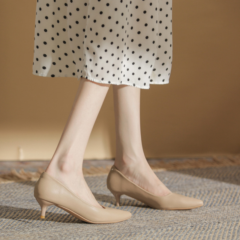 Nude High Heels Women's Stiletto 2024 Spring and Summer French Soft Leather Comfortable Pointed All-match Elegant Professional Work Single-layer Shoes