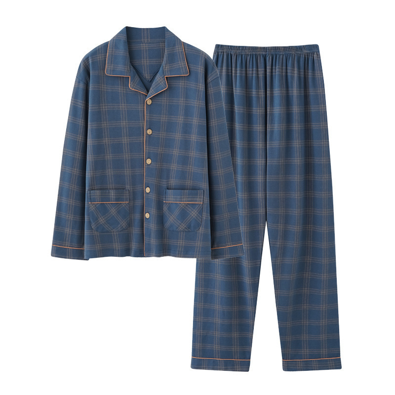 Pure Cotton Pajamas Men's Spring and Autumn Long Sleeve Pure Cotton Thin Plaid Plus Size Casual Outwear Home Suit