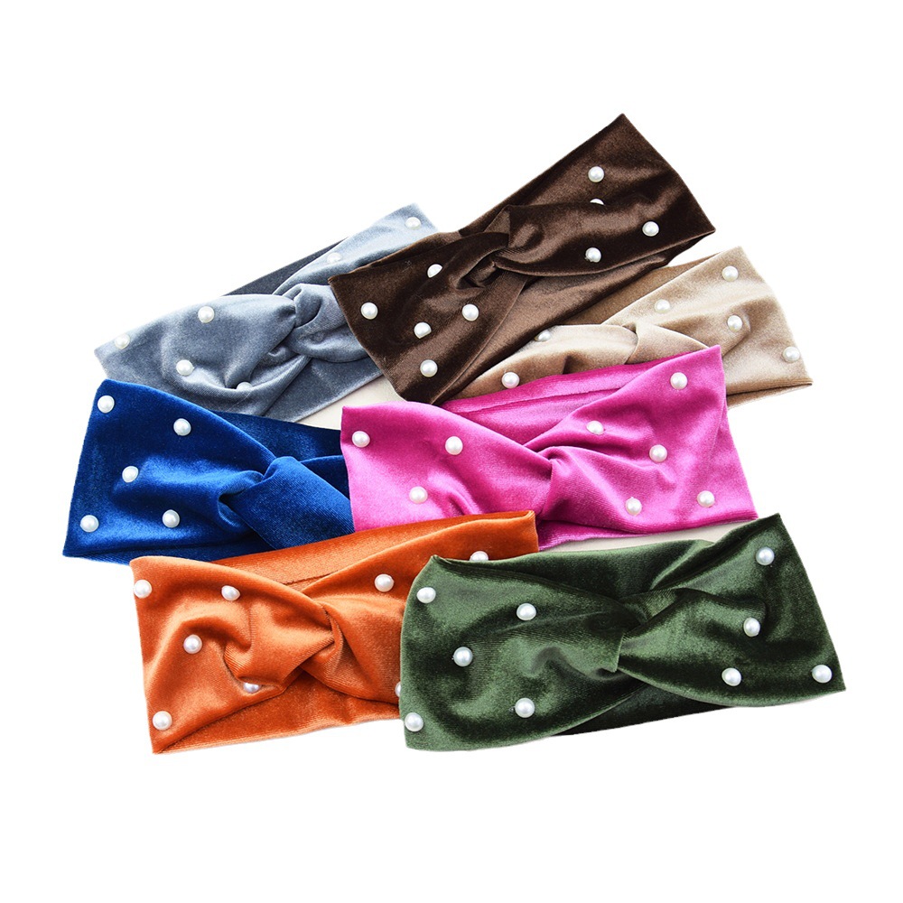 Cross-border Pearl velvet cross hair band warm ear protection headband European and American hair band yoga hair accessories face wash wide headband