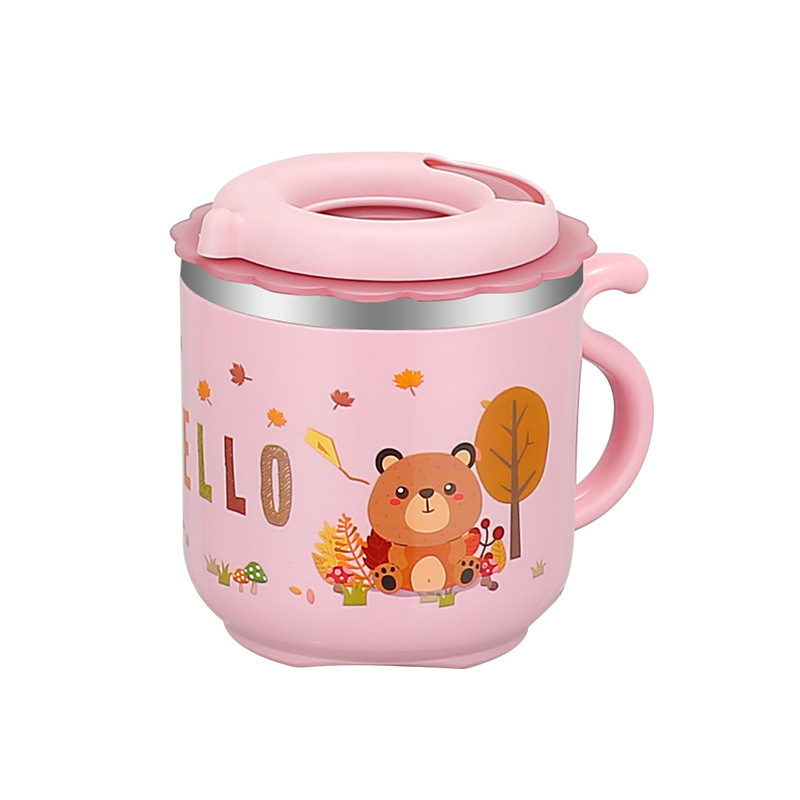 304 Stainless Steel Water Cup with Straw Kindergarten Mouth Cup Double Layer Cute Children's Milk Cup Yellow Duck Gift