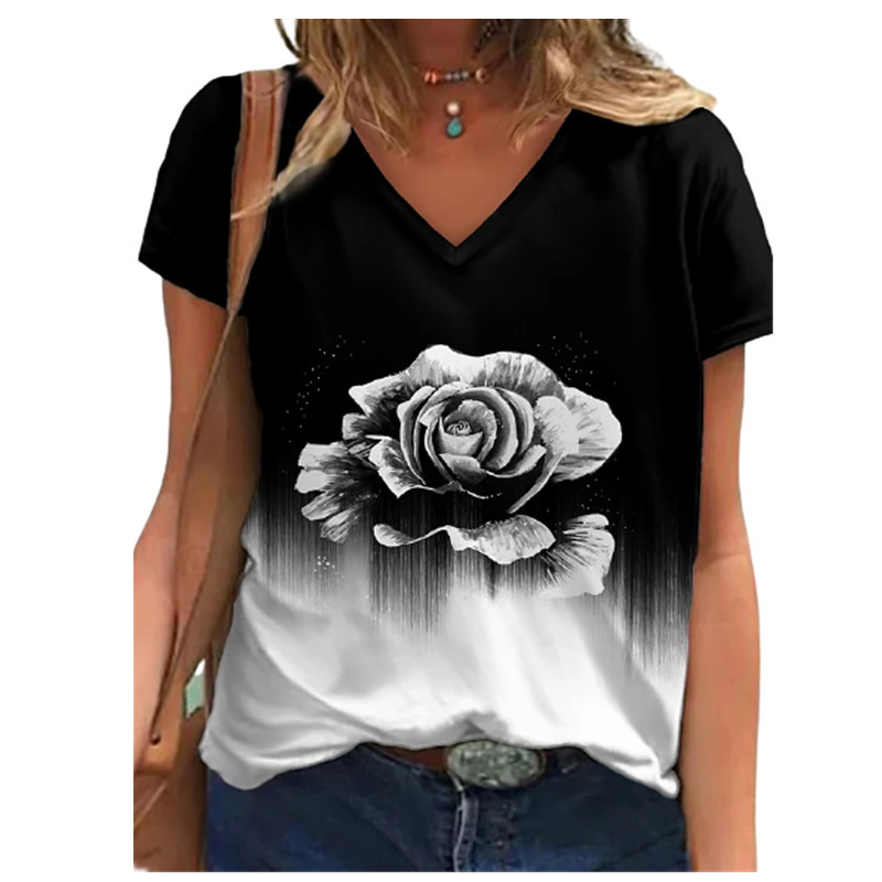  summer cross-border supply of 3D digital printed short-sleeved V-neck women's loose-fitting T-shirts