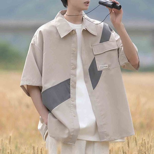 Workwear short sleeve shirt men's summer new Japanese retro color matching half sleeve shirt American fashion brand Pu handsome coat
