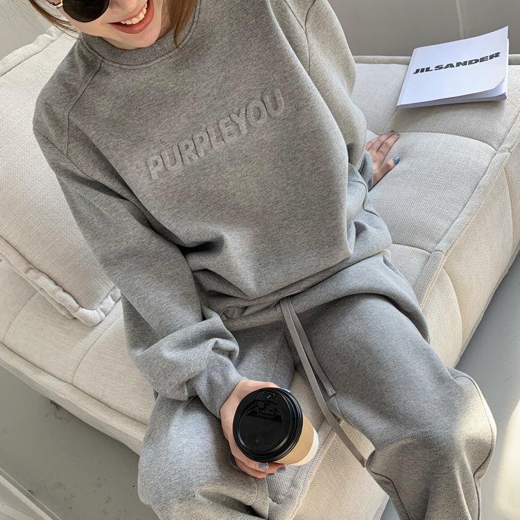 Concave-convex letters plus size suit women's 2024 spring and autumn cross-border South Korea New loose long-sleeved sweater trousers two-piece set