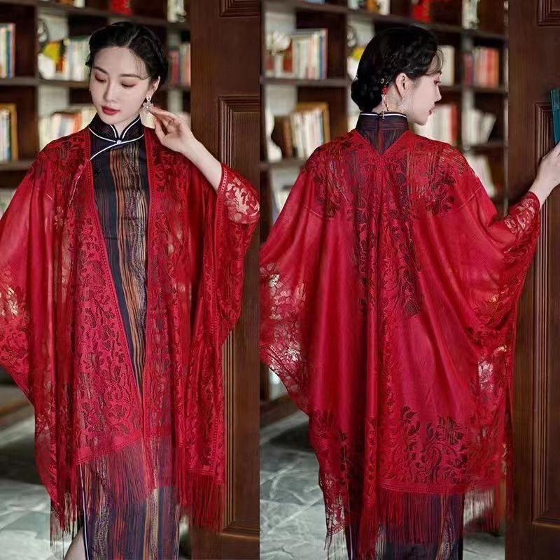 Summer Thin Sunscreen Lace Hollow Shawl Jacquard Silk Scarf Ethnic Style Tassel Women's Cheongsam Wearing Western Style